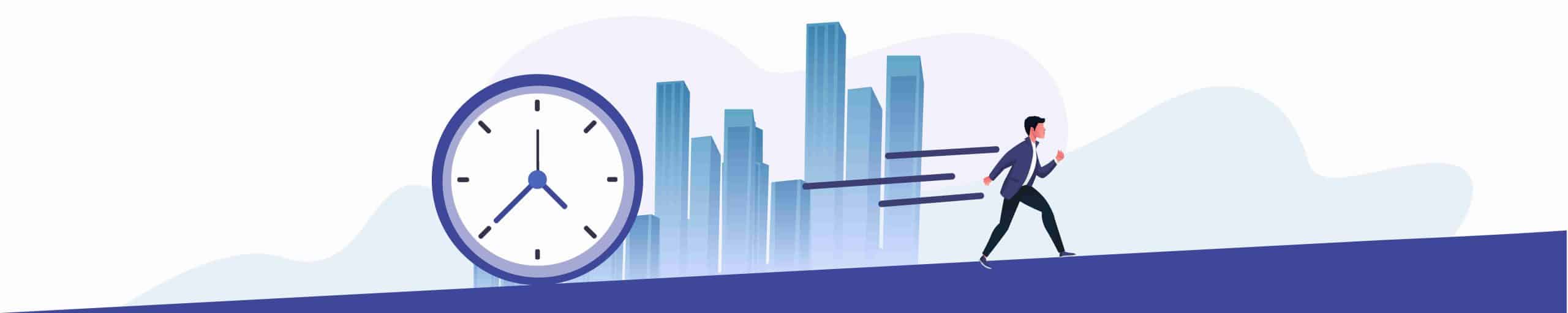 Figure running uphill away from a clock against a city backdrop